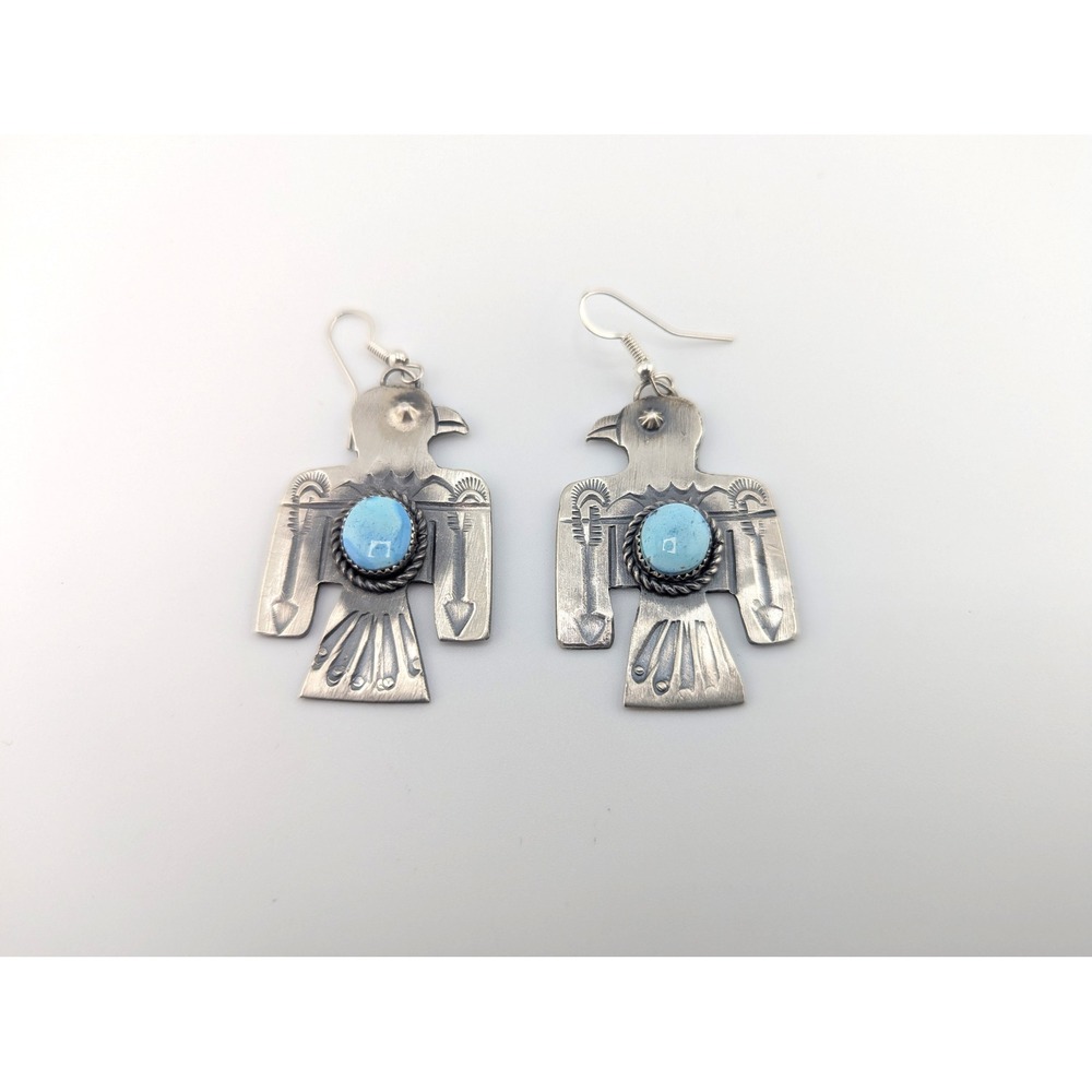 Navajo Thunderbird Golden Hills Turquoise Earrings Handmade NA Sterling Jewelry* - Picture 10 of 11